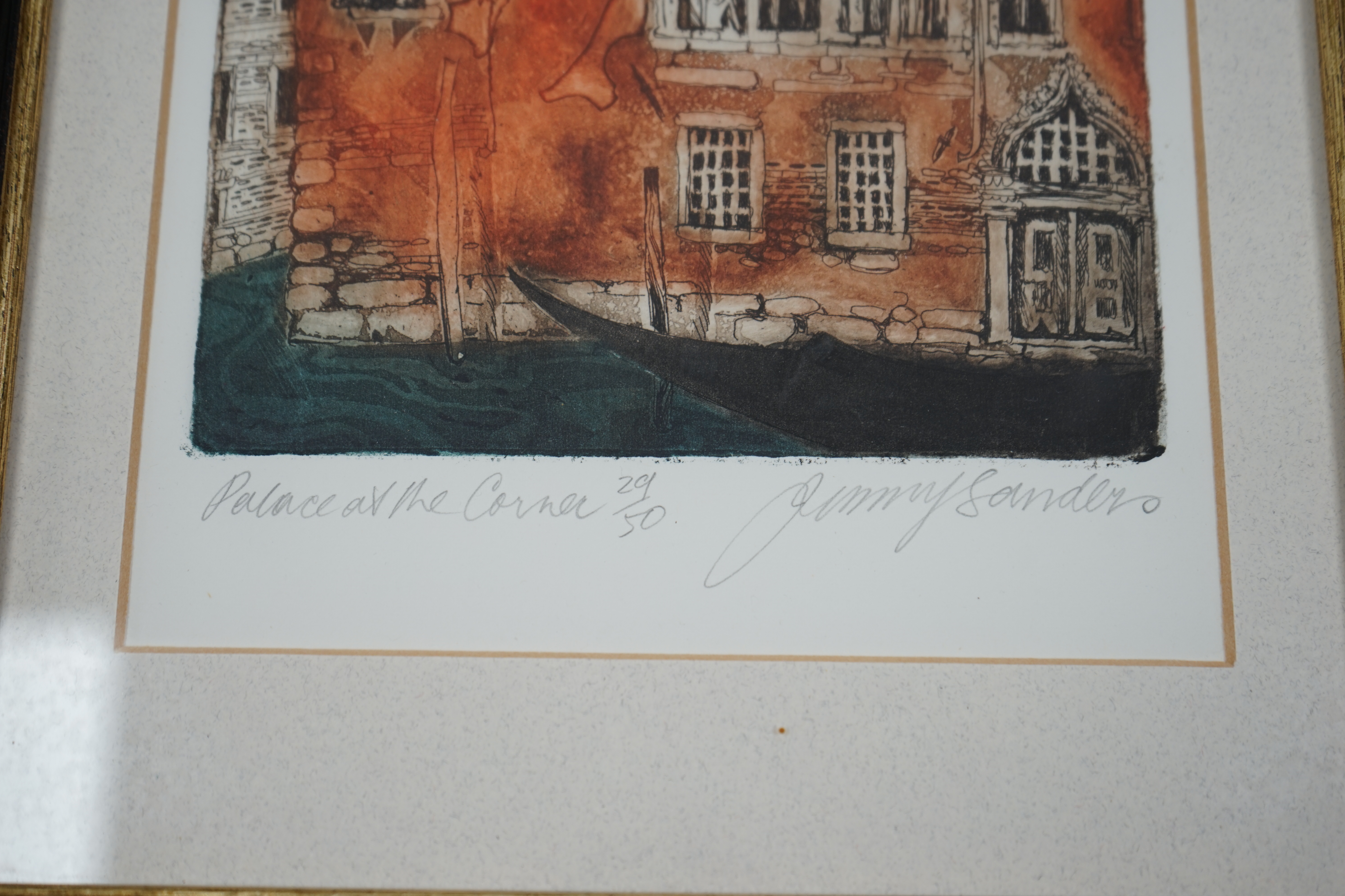 Jenny Sanders, four colour etchings, Venetian scenes including ‘Santa Maria Dei Miracoli’ and ‘View from the Bavolo’, three pencil signed and limited edition, largest 52 x 40cm. Condition - good